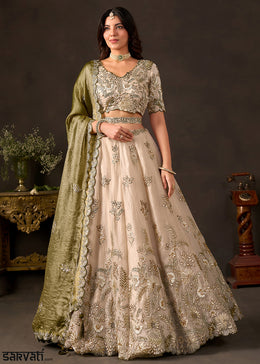 Champagne Beige and Olive Green Silk Lehenga Choli with Zari, Dori & Sequin Work