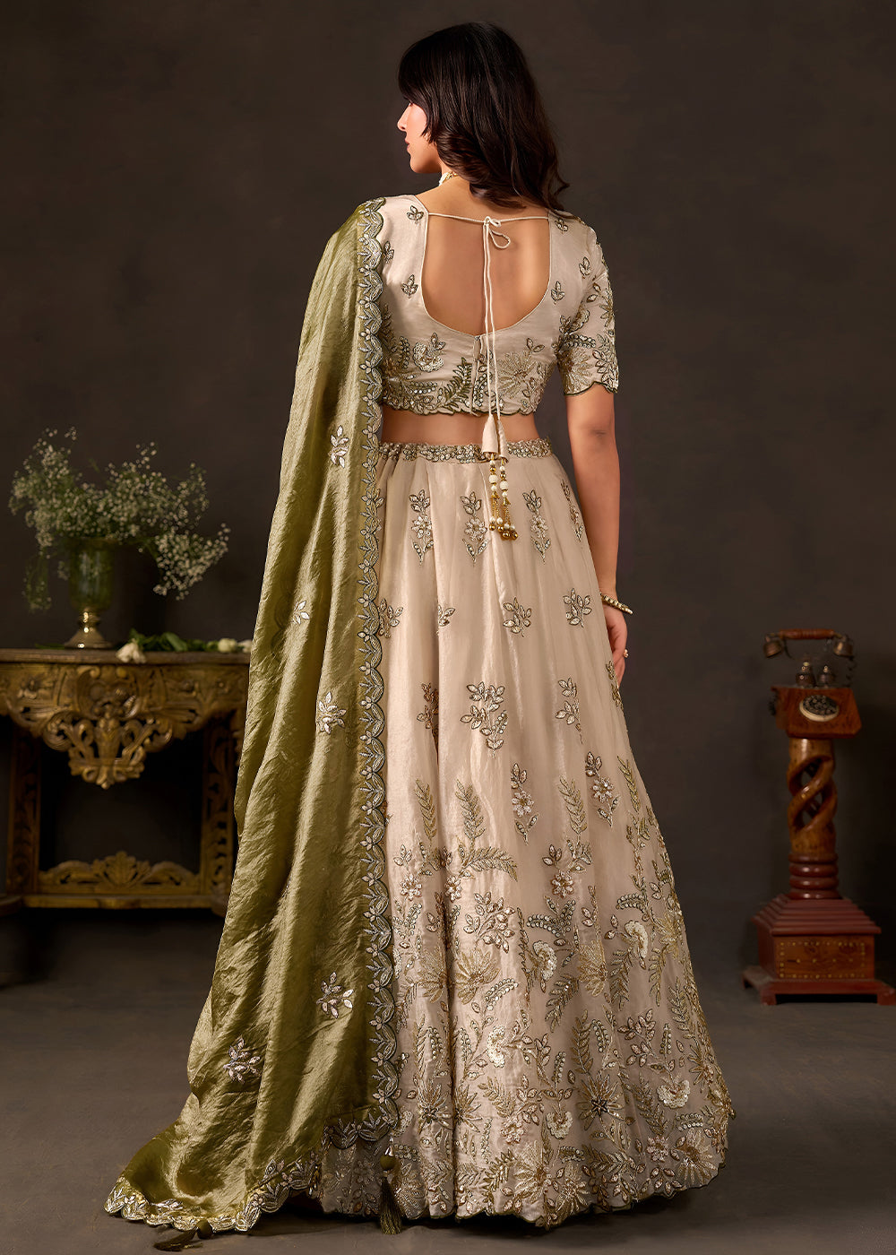 Champagne Beige and Olive Green Silk Lehenga Choli with Zari, Dori & Sequin Work