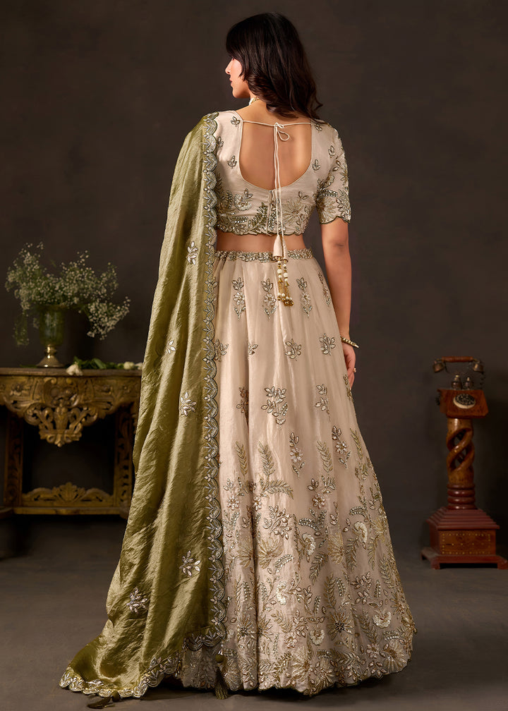Champagne Beige and Olive Green Silk Lehenga Choli with Zari, Dori & Sequin Work