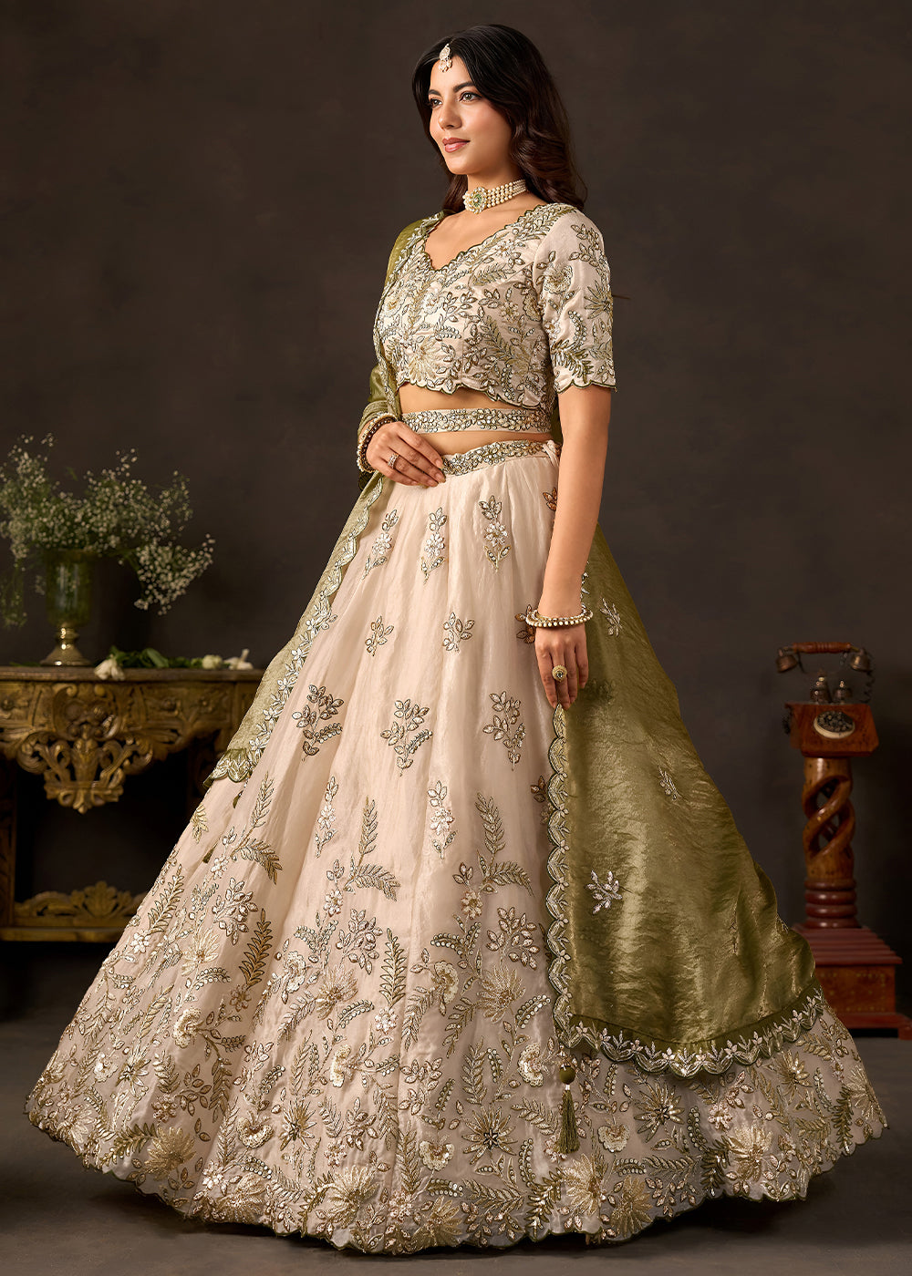 Champagne Beige and Olive Green Silk Lehenga Choli with Zari, Dori & Sequin Work