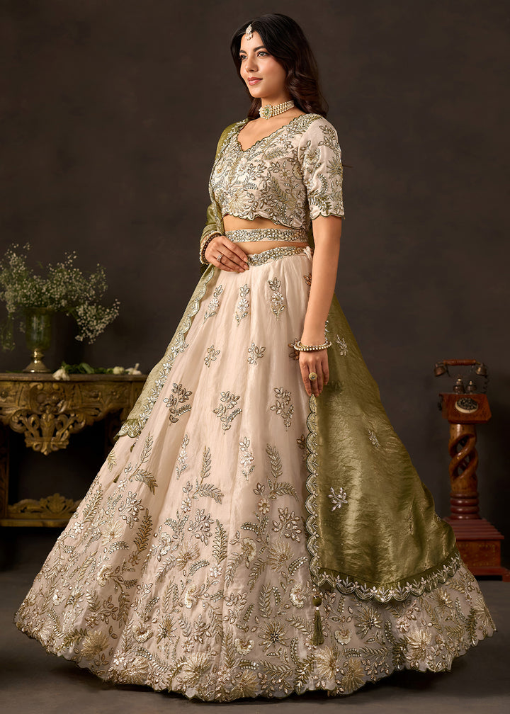 Champagne Beige and Olive Green Silk Lehenga Choli with Zari, Dori & Sequin Work