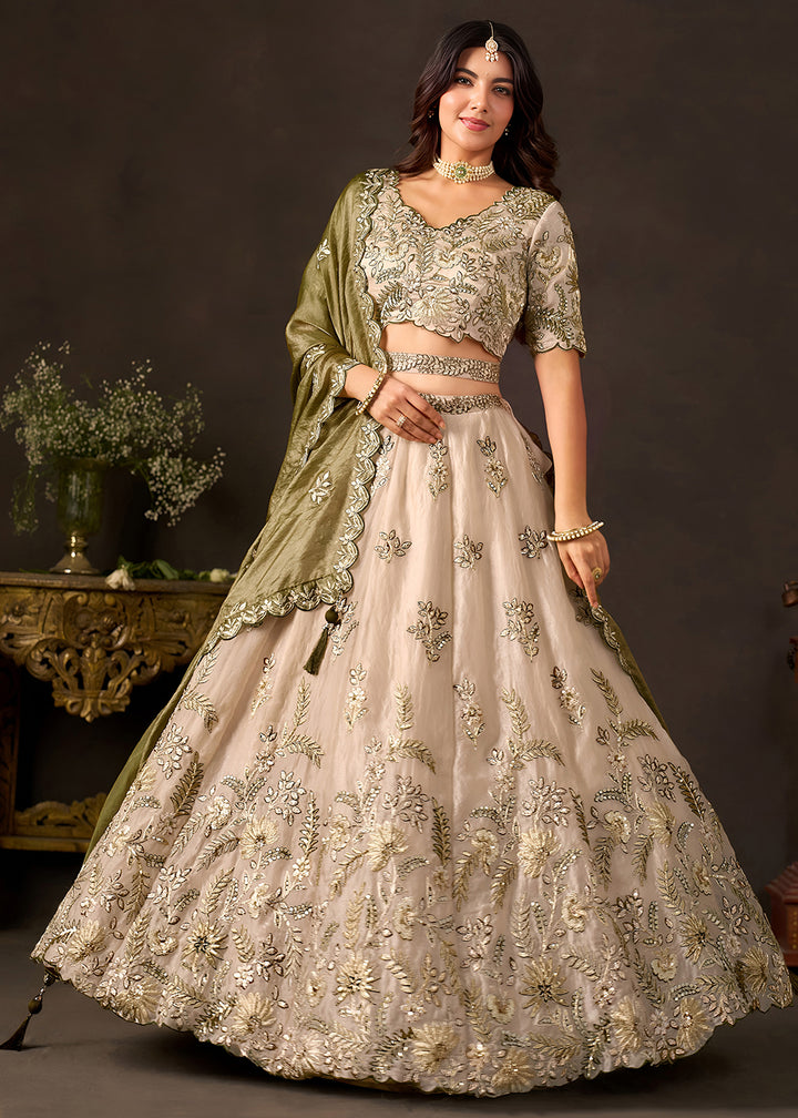 Champagne Beige and Olive Green Silk Lehenga Choli with Zari, Dori & Sequin Work