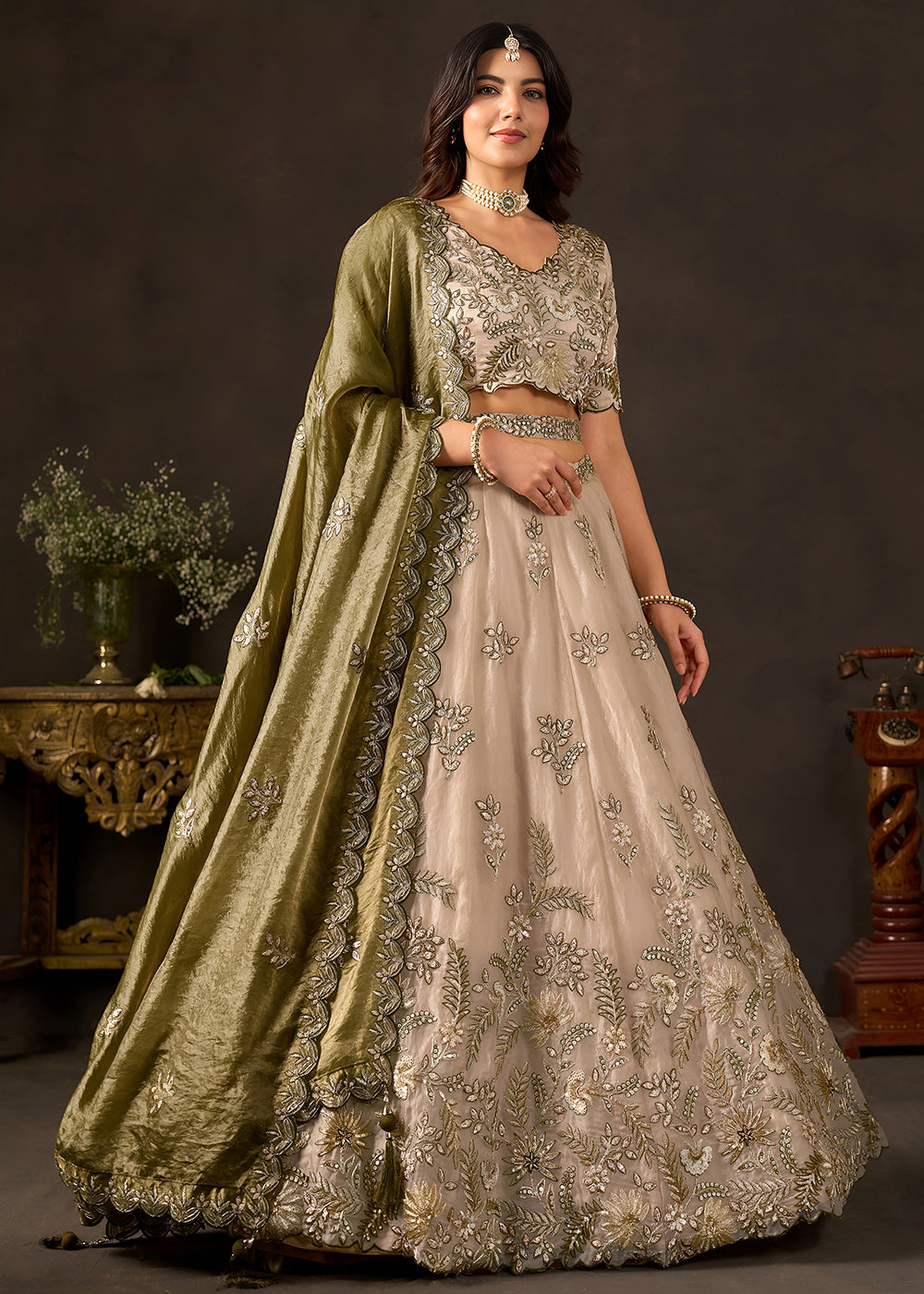 Champagne Beige and Olive Green Silk Lehenga Choli with Zari, Dori & Sequin Work