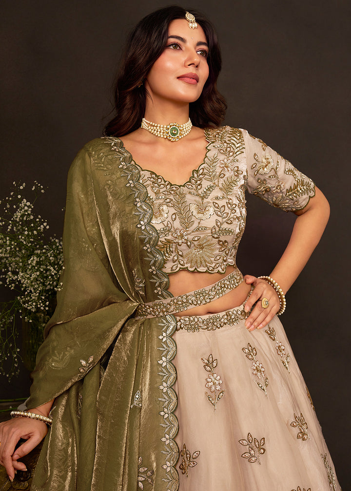 Champagne Beige and Olive Green Silk Lehenga Choli with Zari, Dori & Sequin Work