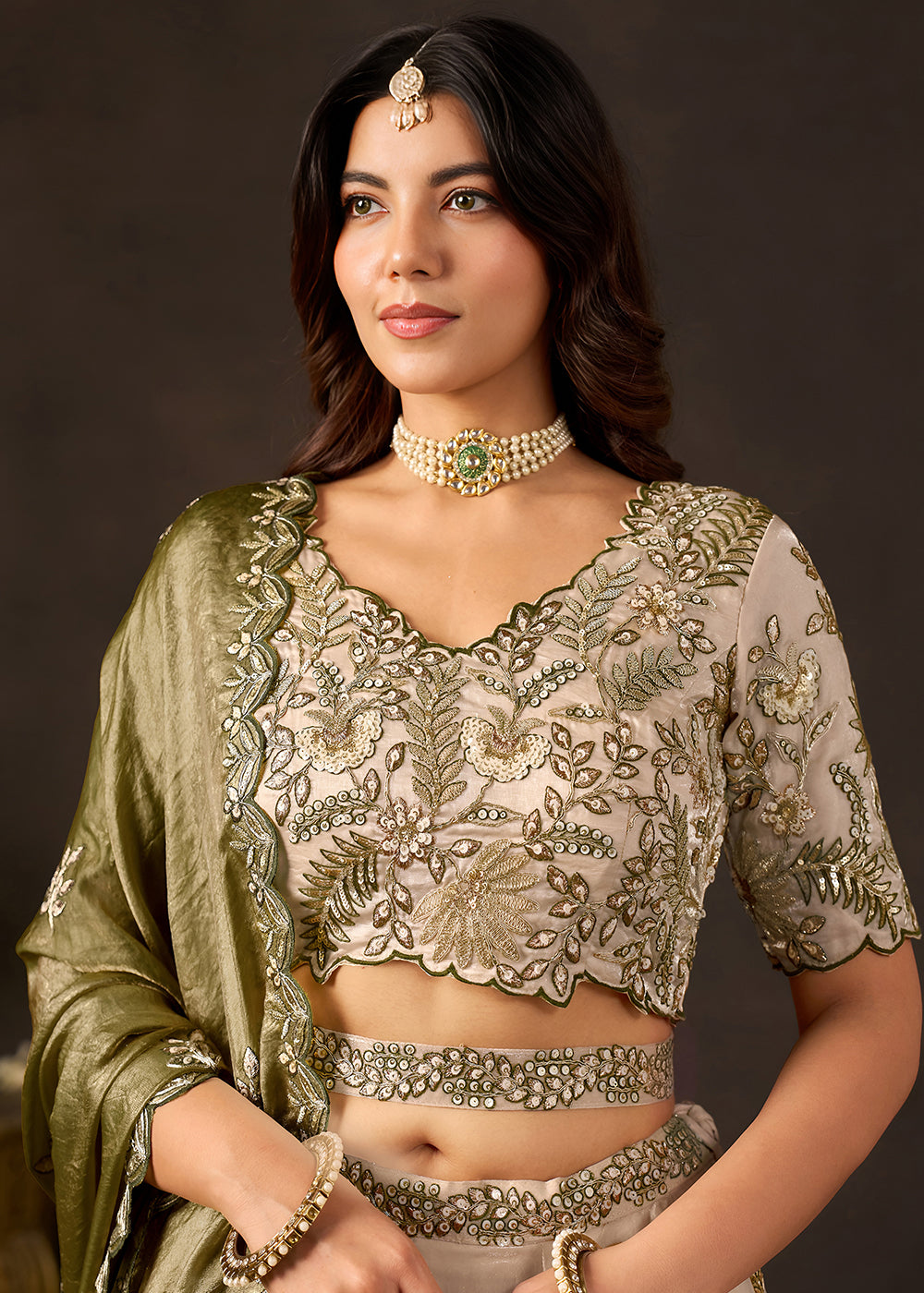 Champagne Beige and Olive Green Silk Lehenga Choli with Zari, Dori & Sequin Work