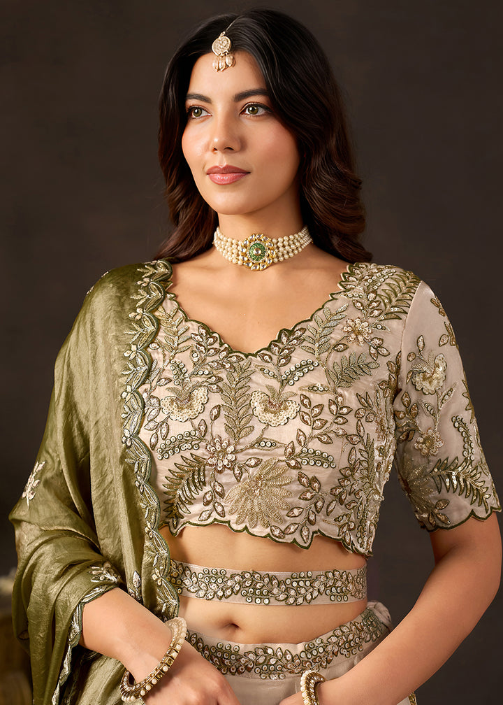 Champagne Beige and Olive Green Silk Lehenga Choli with Zari, Dori & Sequin Work
