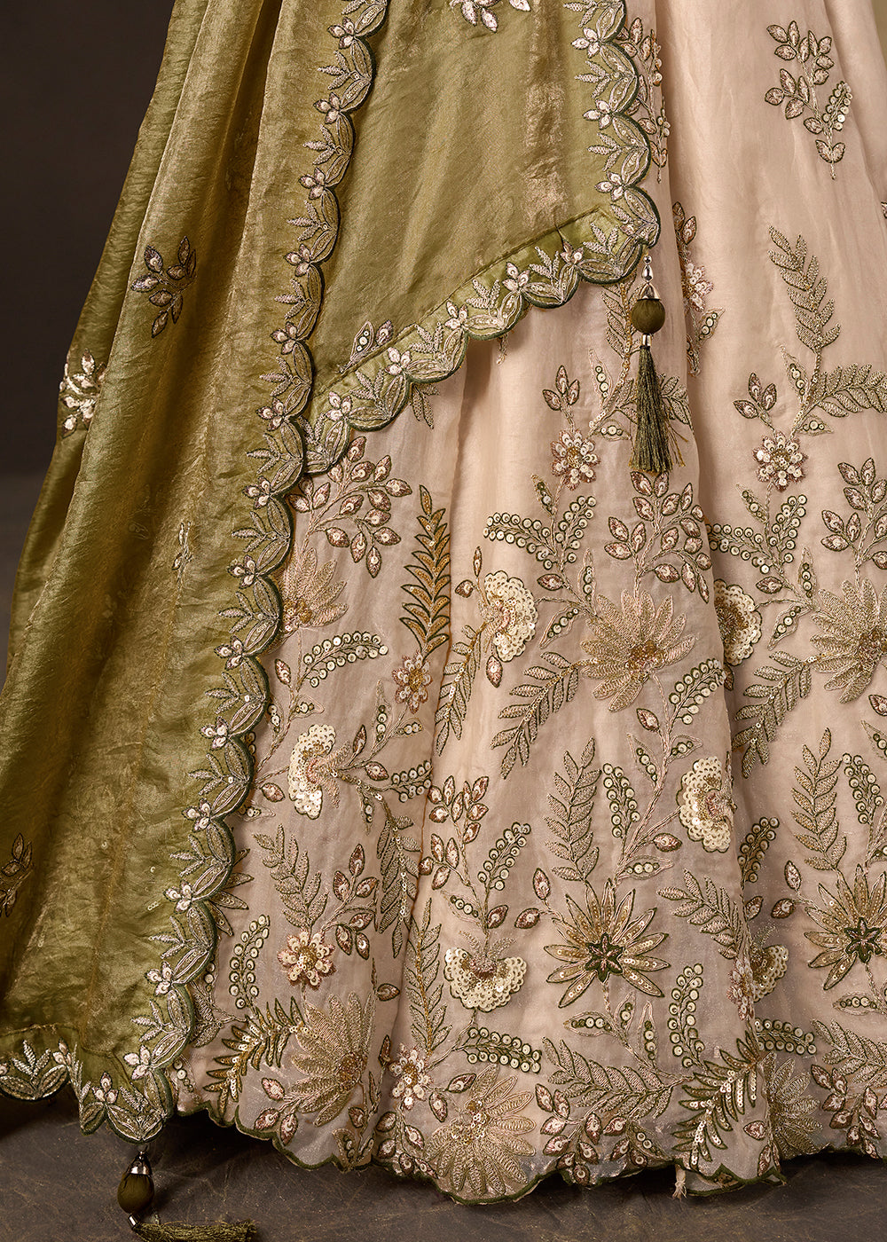 Champagne Beige and Olive Green Silk Lehenga Choli with Zari, Dori & Sequin Work