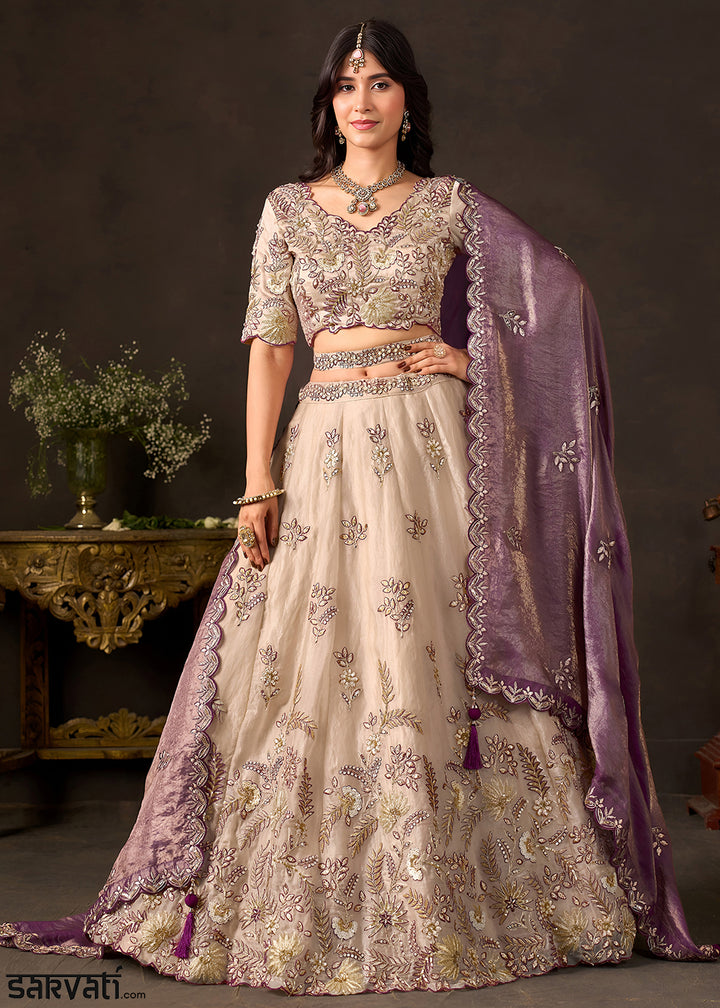 Champagne Beige and Mauve Purple Silk Lehenga Choli with Zari, Dori & Sequin Work