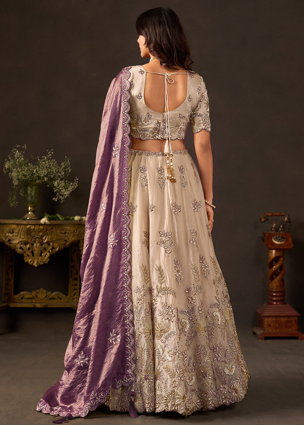 Champagne Beige and Mauve Purple Silk Lehenga Choli with Zari, Dori & Sequin Work