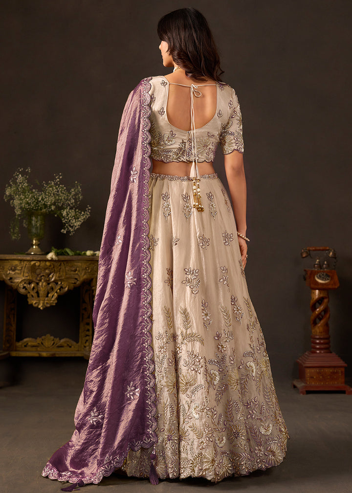Champagne Beige and Mauve Purple Silk Lehenga Choli with Zari, Dori & Sequin Work