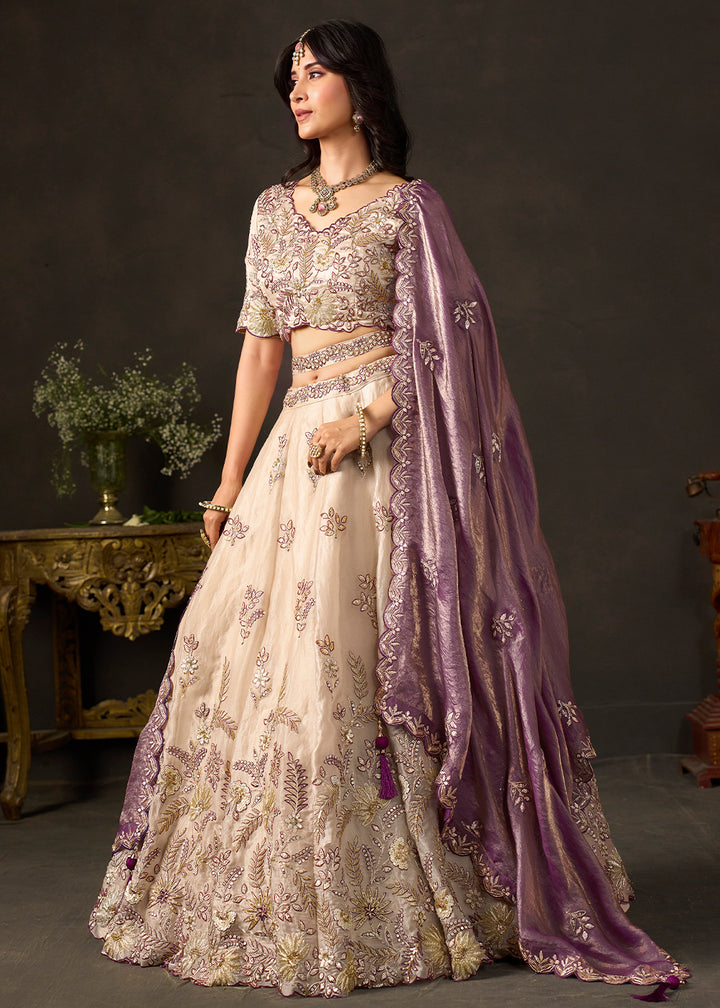 Champagne Beige and Mauve Purple Silk Lehenga Choli with Zari, Dori & Sequin Work