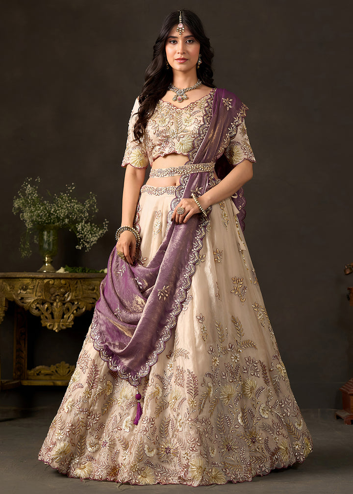 Champagne Beige and Mauve Purple Silk Lehenga Choli with Zari, Dori & Sequin Work