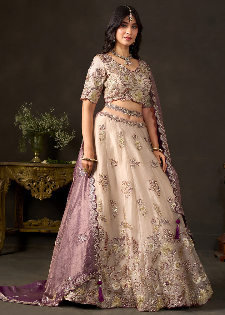 Champagne Beige and Mauve Purple Silk Lehenga Choli with Zari, Dori & Sequin Work