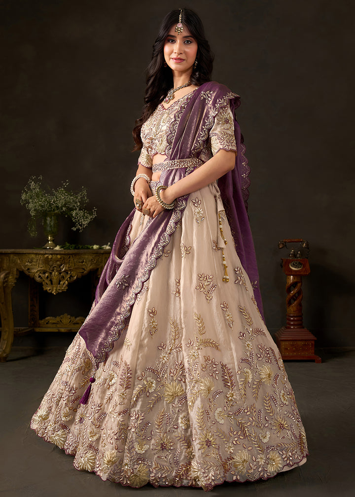 Champagne Beige and Mauve Purple Silk Lehenga Choli with Zari, Dori & Sequin Work