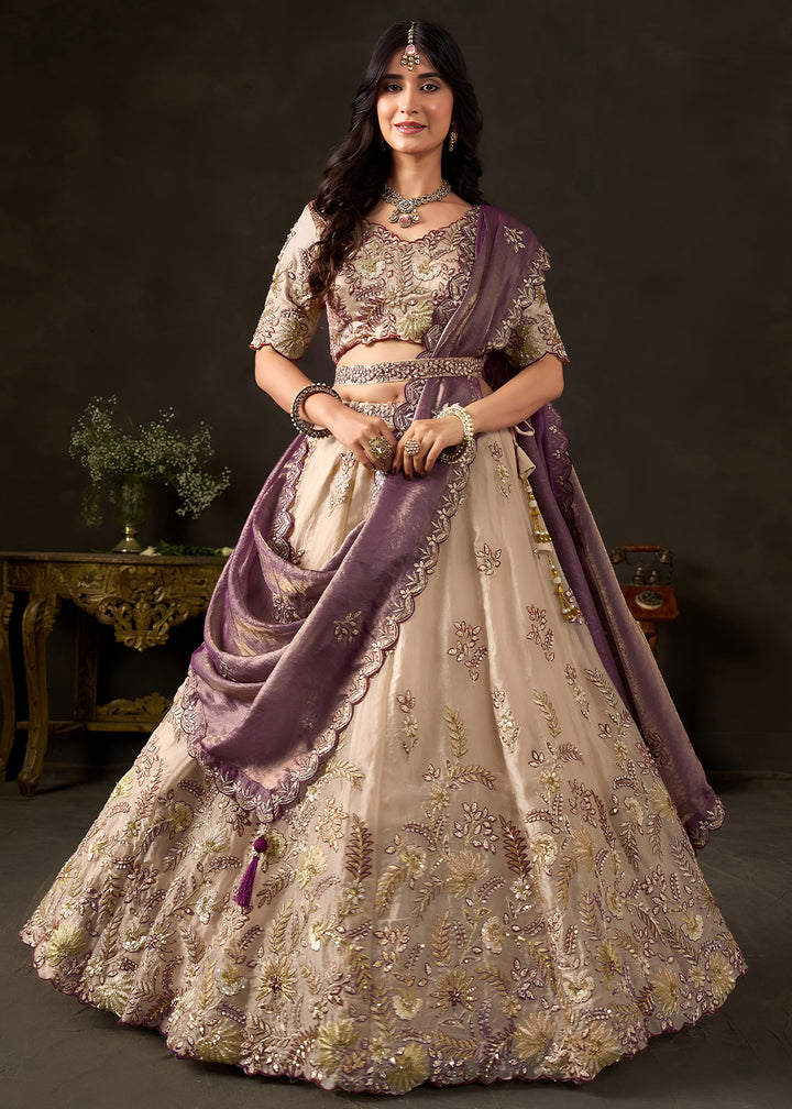 Champagne Beige and Mauve Purple Silk Lehenga Choli with Zari, Dori & Sequin Work