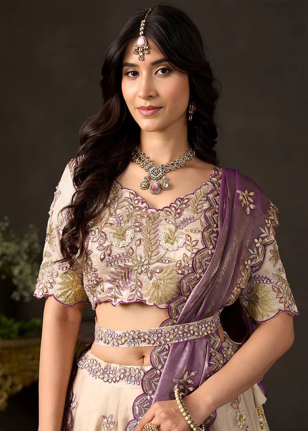 Champagne Beige and Mauve Purple Silk Lehenga Choli with Zari, Dori & Sequin Work