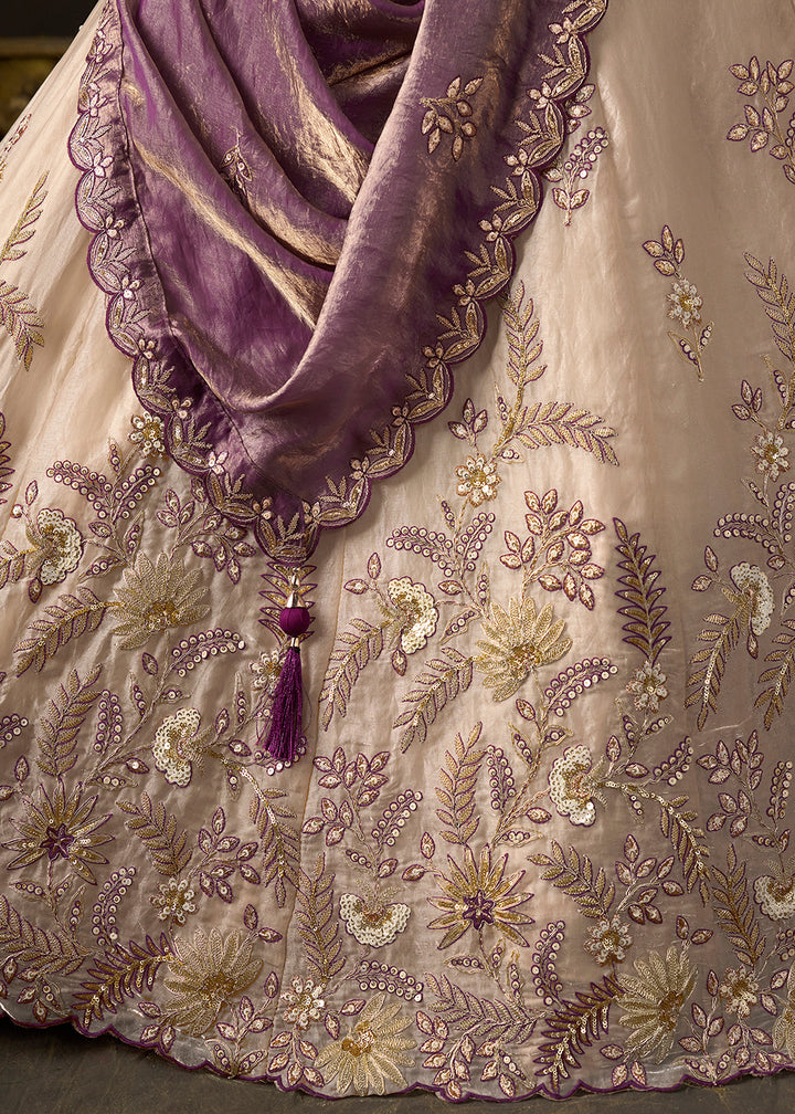Champagne Beige and Mauve Purple Silk Lehenga Choli with Zari, Dori & Sequin Work