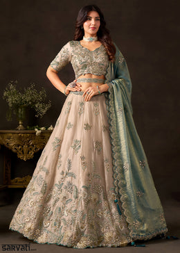 Champagne Beige and Teal Blue Silk Lehenga Choli with Zari, Dori & Sequin Work