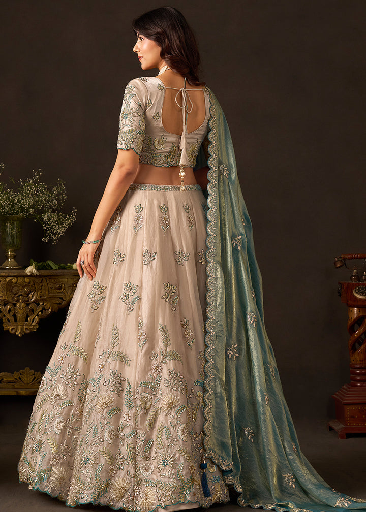 Champagne Beige and Teal Blue Silk Lehenga Choli with Zari, Dori & Sequin Work