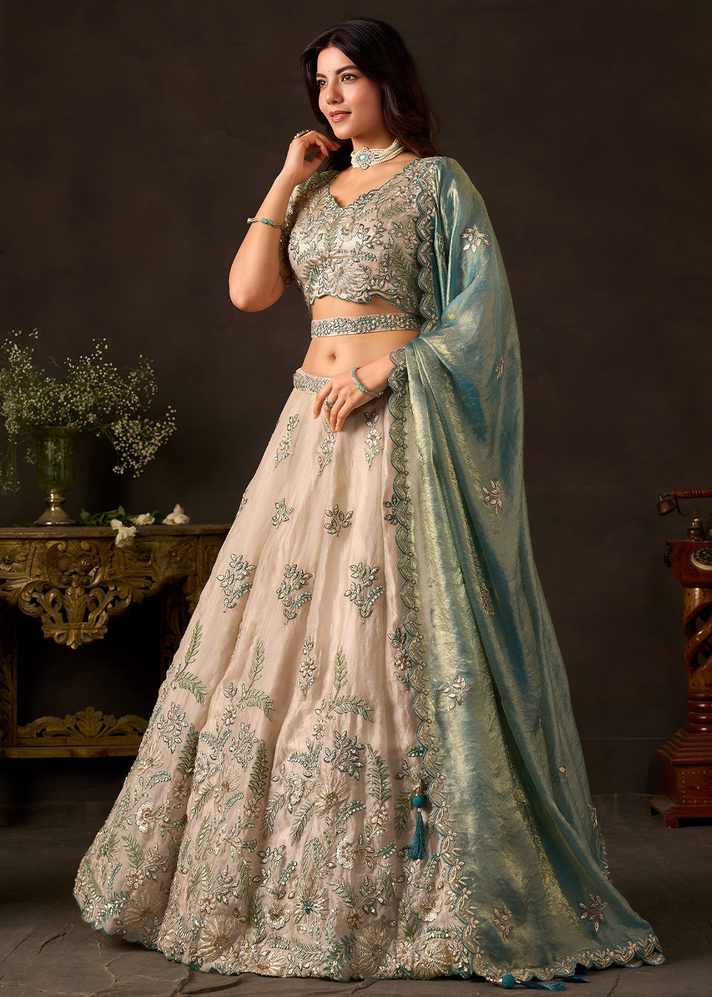 Champagne Beige and Teal Blue Silk Lehenga Choli with Zari, Dori & Sequin Work
