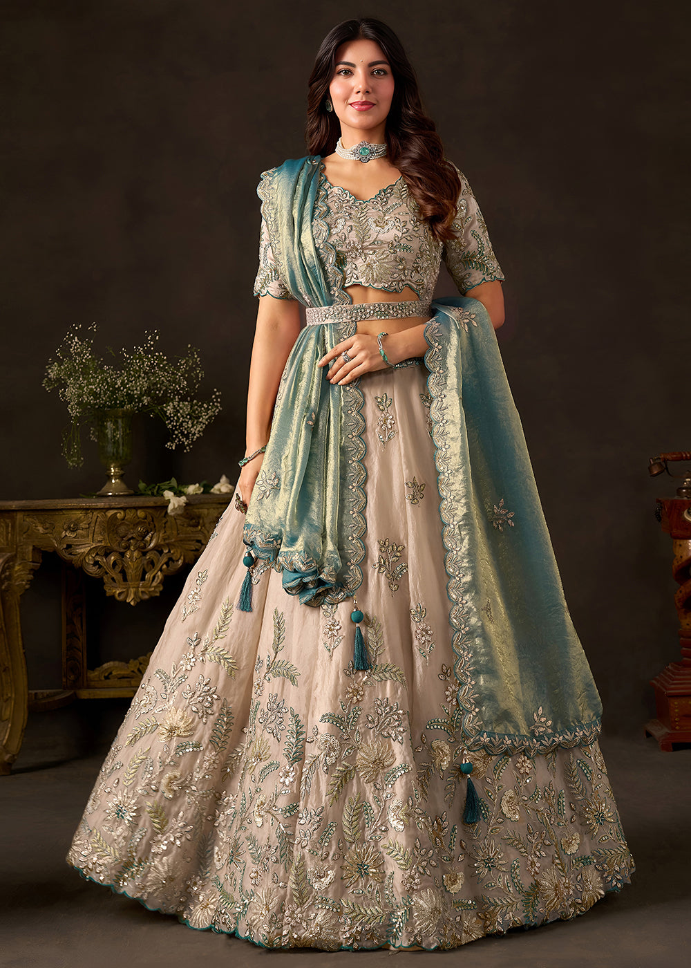 Champagne Beige and Teal Blue Silk Lehenga Choli with Zari, Dori & Sequin Work