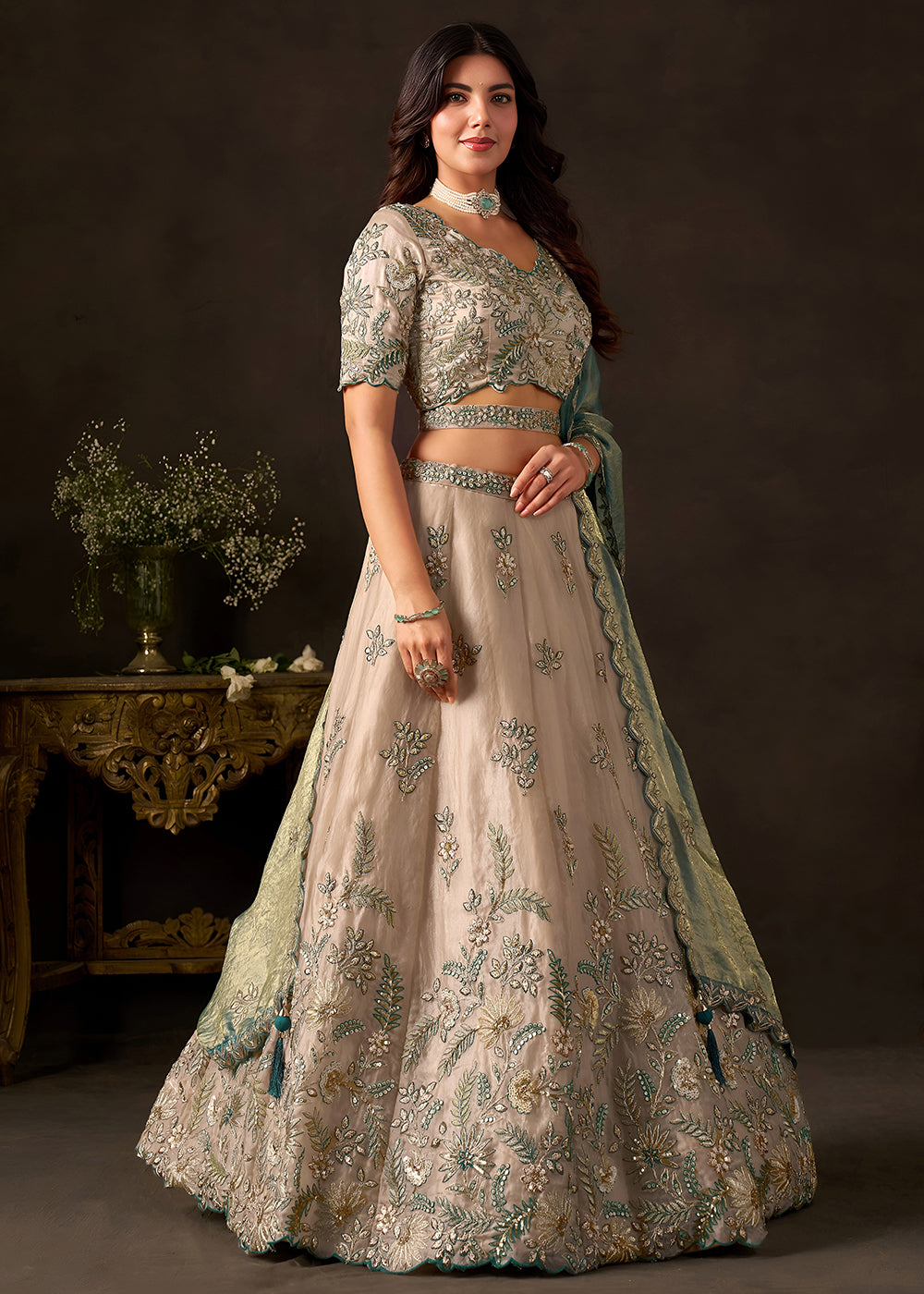 Champagne Beige and Teal Blue Silk Lehenga Choli with Zari, Dori & Sequin Work