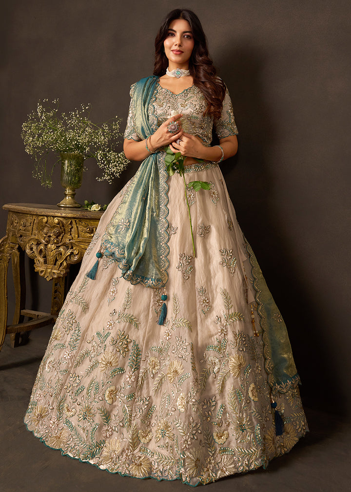 Champagne Beige and Teal Blue Silk Lehenga Choli with Zari, Dori & Sequin Work