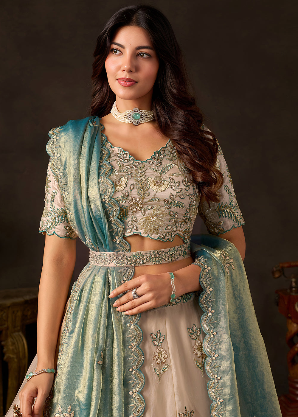 Champagne Beige and Teal Blue Silk Lehenga Choli with Zari, Dori & Sequin Work