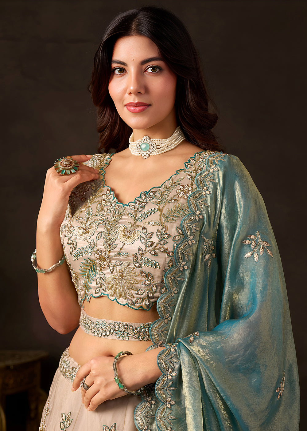 Champagne Beige and Teal Blue Silk Lehenga Choli with Zari, Dori & Sequin Work
