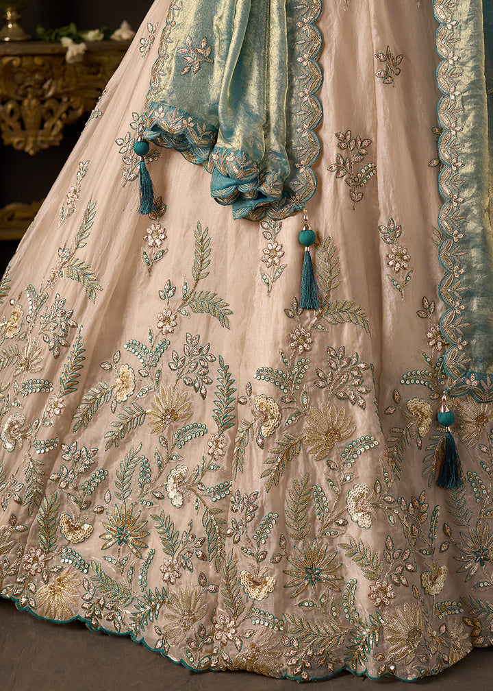 Champagne Beige and Teal Blue Silk Lehenga Choli with Zari, Dori & Sequin Work