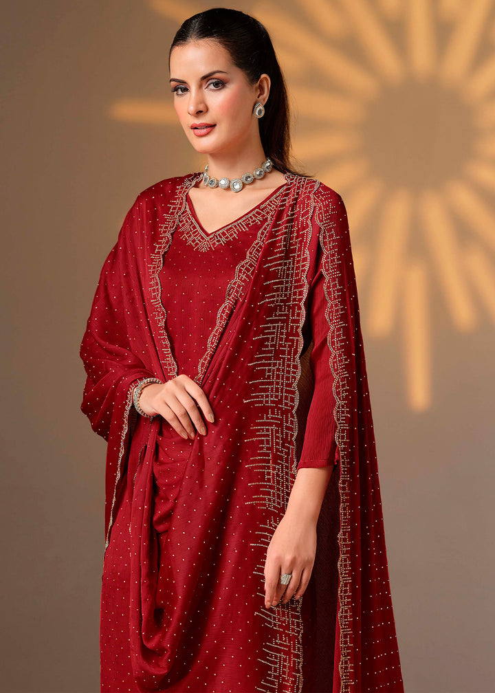 Scarlet Red Chiffon Satin Unstitched Salwar Suit with Elegant Swarovski Embroidery