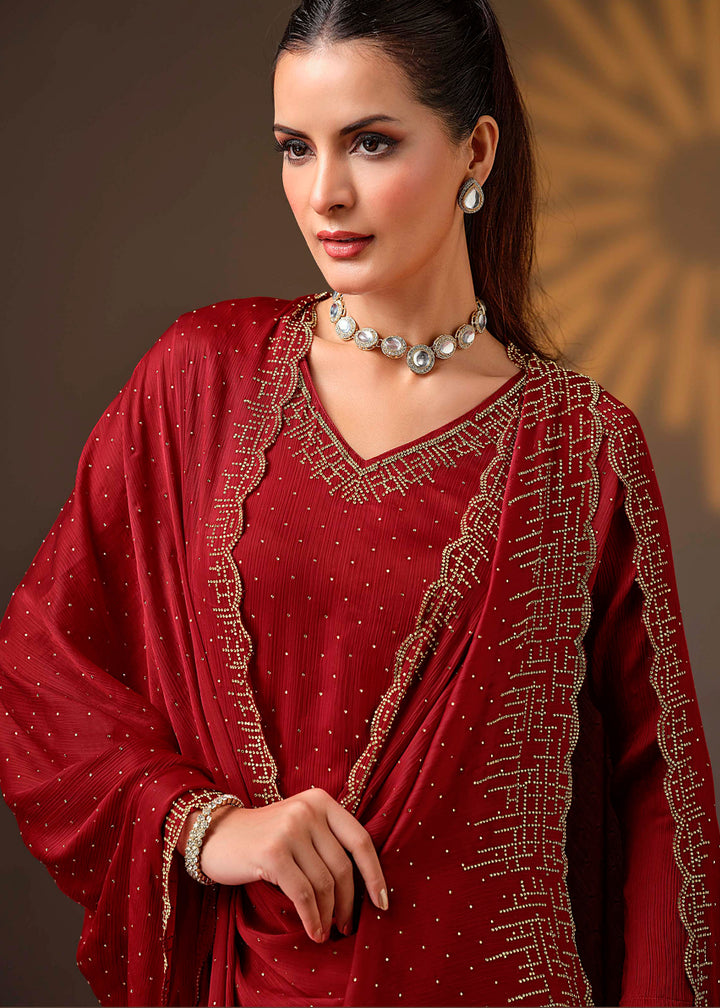 Scarlet Red Chiffon Satin Unstitched Salwar Suit with Elegant Swarovski Embroidery