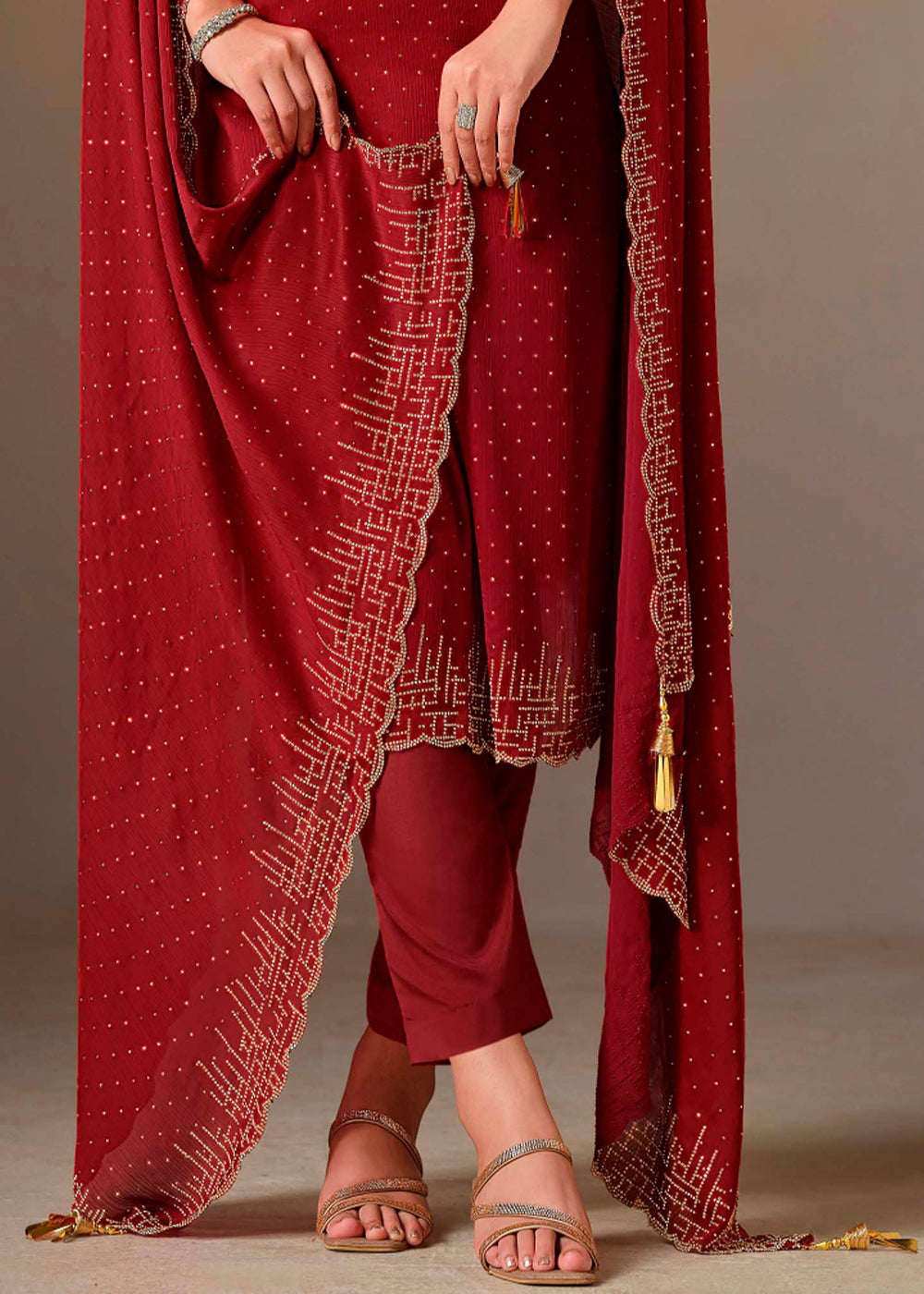 Scarlet Red Chiffon Satin Unstitched Salwar Suit with Elegant Swarovski Embroidery