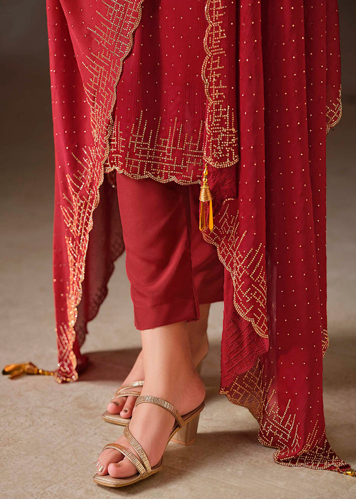 Scarlet Red Chiffon Satin Unstitched Salwar Suit with Elegant Swarovski Embroidery