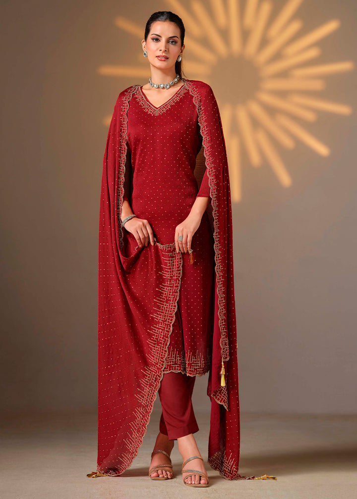 Scarlet Red Chiffon Satin Unstitched Salwar Suit with Elegant Swarovski Embroidery