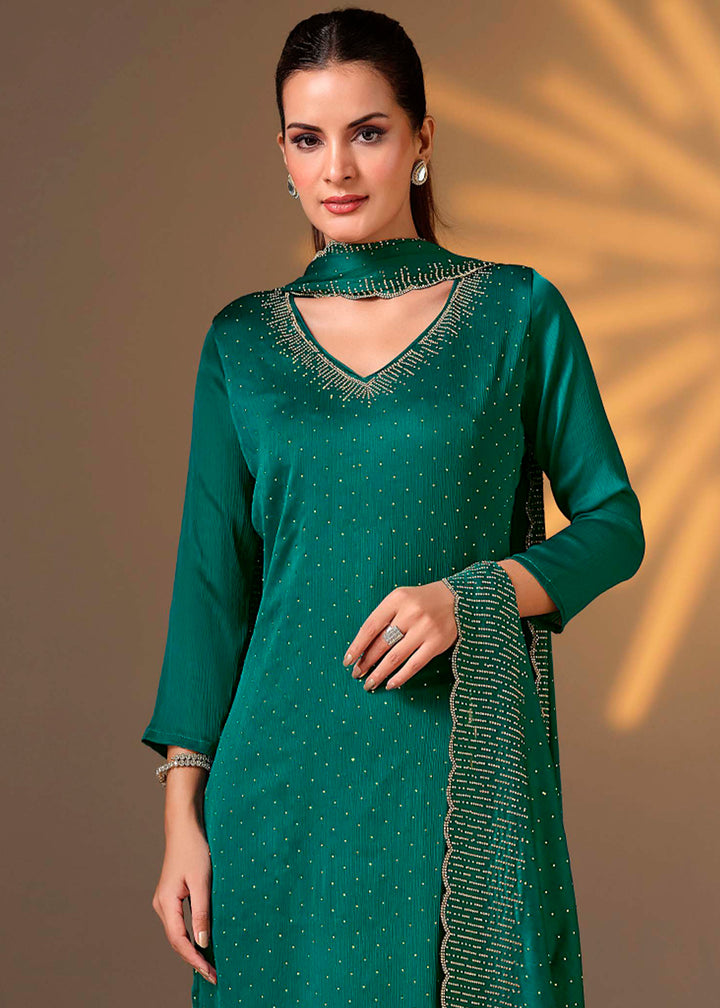 Teal Green Chiffon Satin Unstitched Salwar Suit with Elegant Swarovski Embroidery