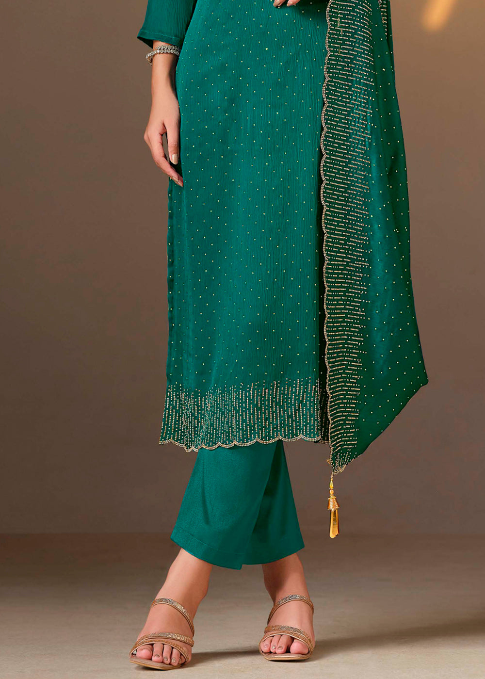 Teal Green Chiffon Satin Unstitched Salwar Suit with Elegant Swarovski Embroidery