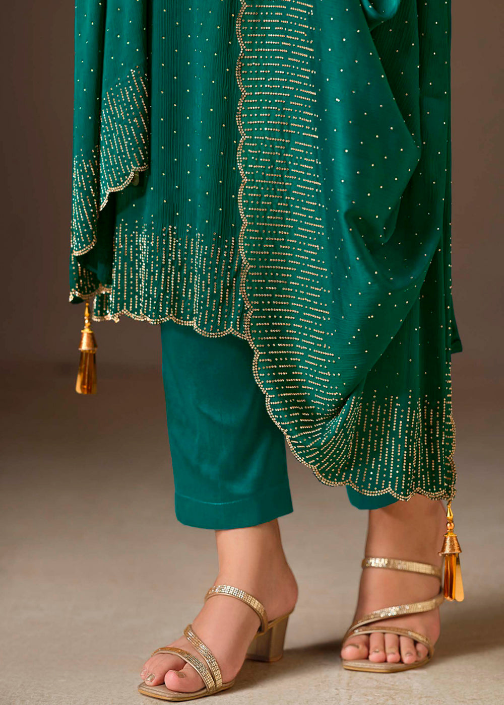 Teal Green Chiffon Satin Unstitched Salwar Suit with Elegant Swarovski Embroidery