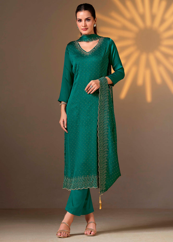 Teal Green Chiffon Satin Unstitched Salwar Suit with Elegant Swarovski Embroidery