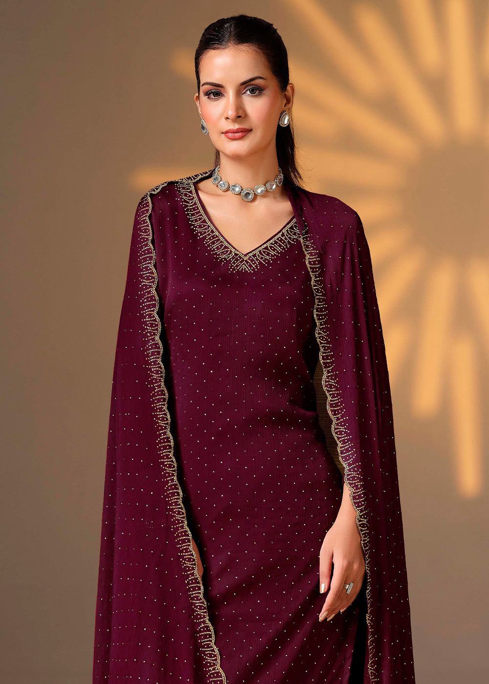 Eggplant Purple Chiffon Satin Unstitched Salwar Suit with Elegant Swarovski Embroidery