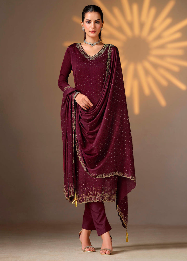 Eggplant Purple Chiffon Satin Unstitched Salwar Suit with Elegant Swarovski Embroidery