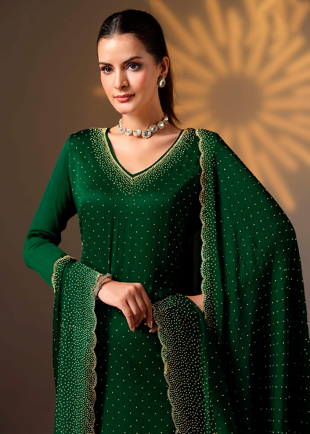 Forest Green Chiffon Satin Unstitched Salwar Suit with Elegant Swarovski Embroidery