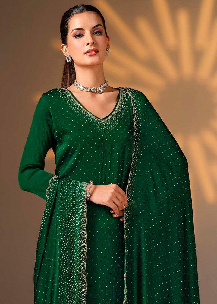 Forest Green Chiffon Satin Unstitched Salwar Suit with Elegant Swarovski Embroidery