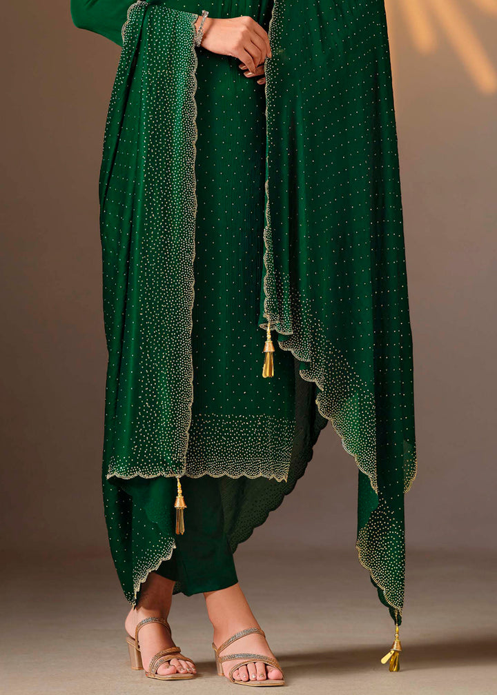 Forest Green Chiffon Satin Unstitched Salwar Suit with Elegant Swarovski Embroidery