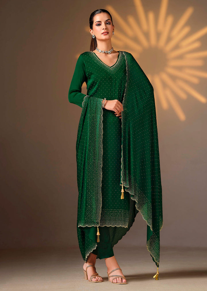 Forest Green Chiffon Satin Unstitched Salwar Suit with Elegant Swarovski Embroidery