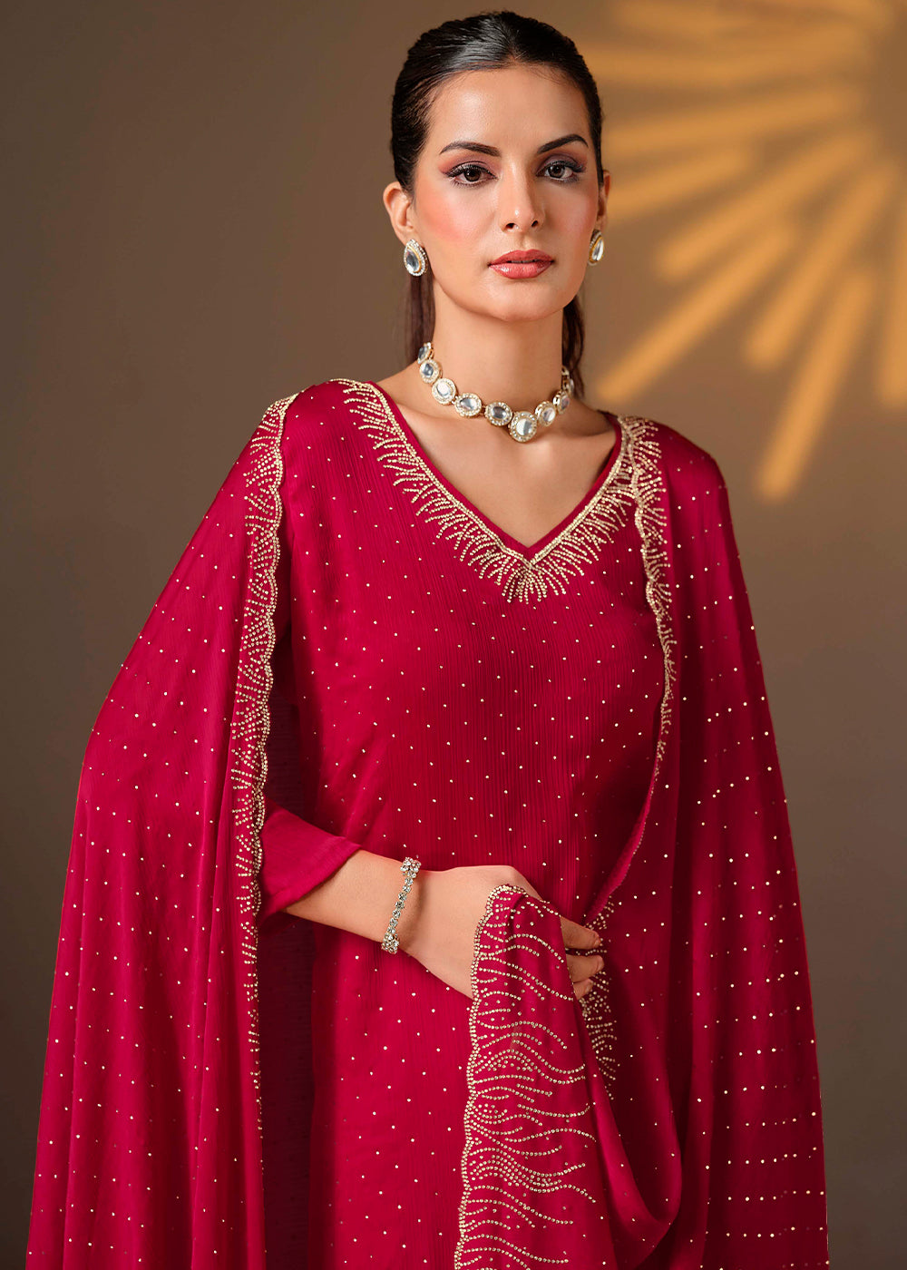 Cerise Pink Chiffon Satin Unstitched Salwar Suit with Elegant Swarovski Embroidery