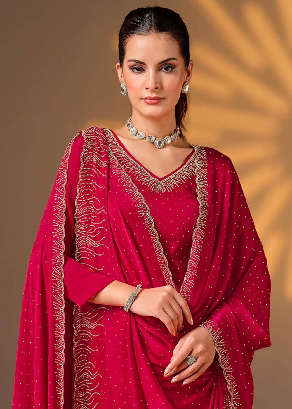 Cerise Pink Chiffon Satin Unstitched Salwar Suit with Elegant Swarovski Embroidery