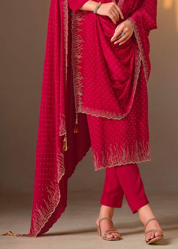 Cerise Pink Chiffon Satin Unstitched Salwar Suit with Elegant Swarovski Embroidery