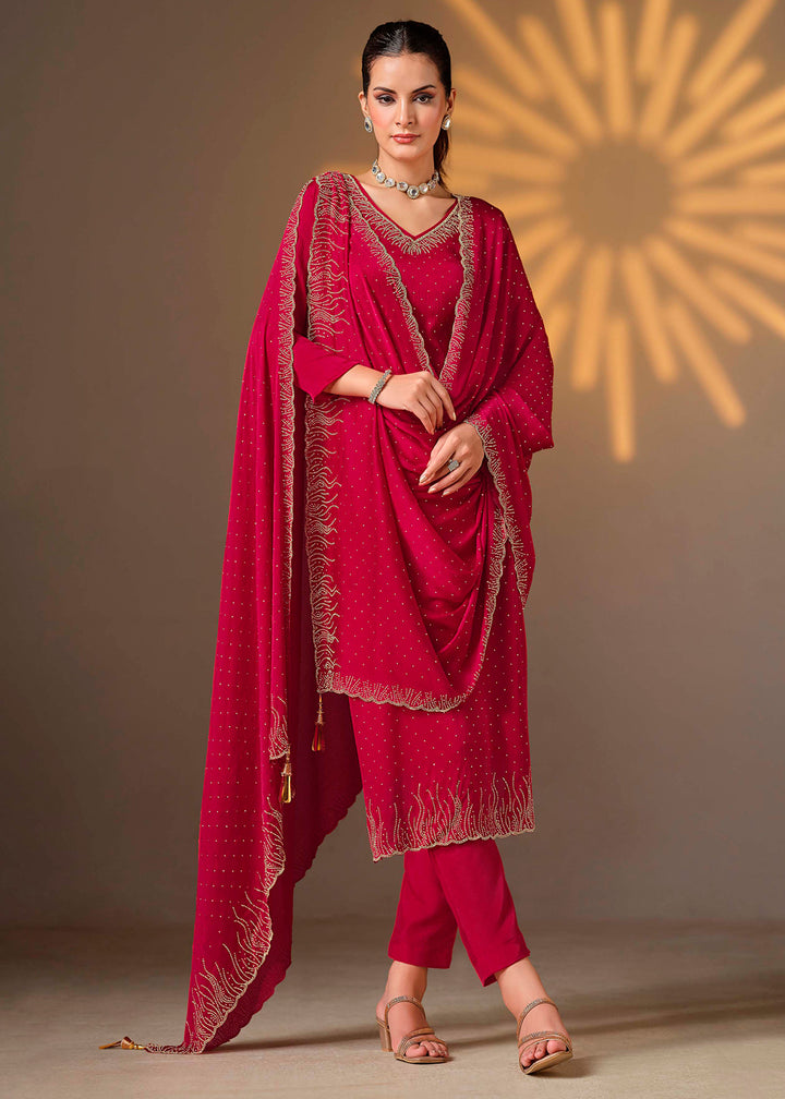 Cerise Pink Chiffon Satin Unstitched Salwar Suit with Elegant Swarovski Embroidery