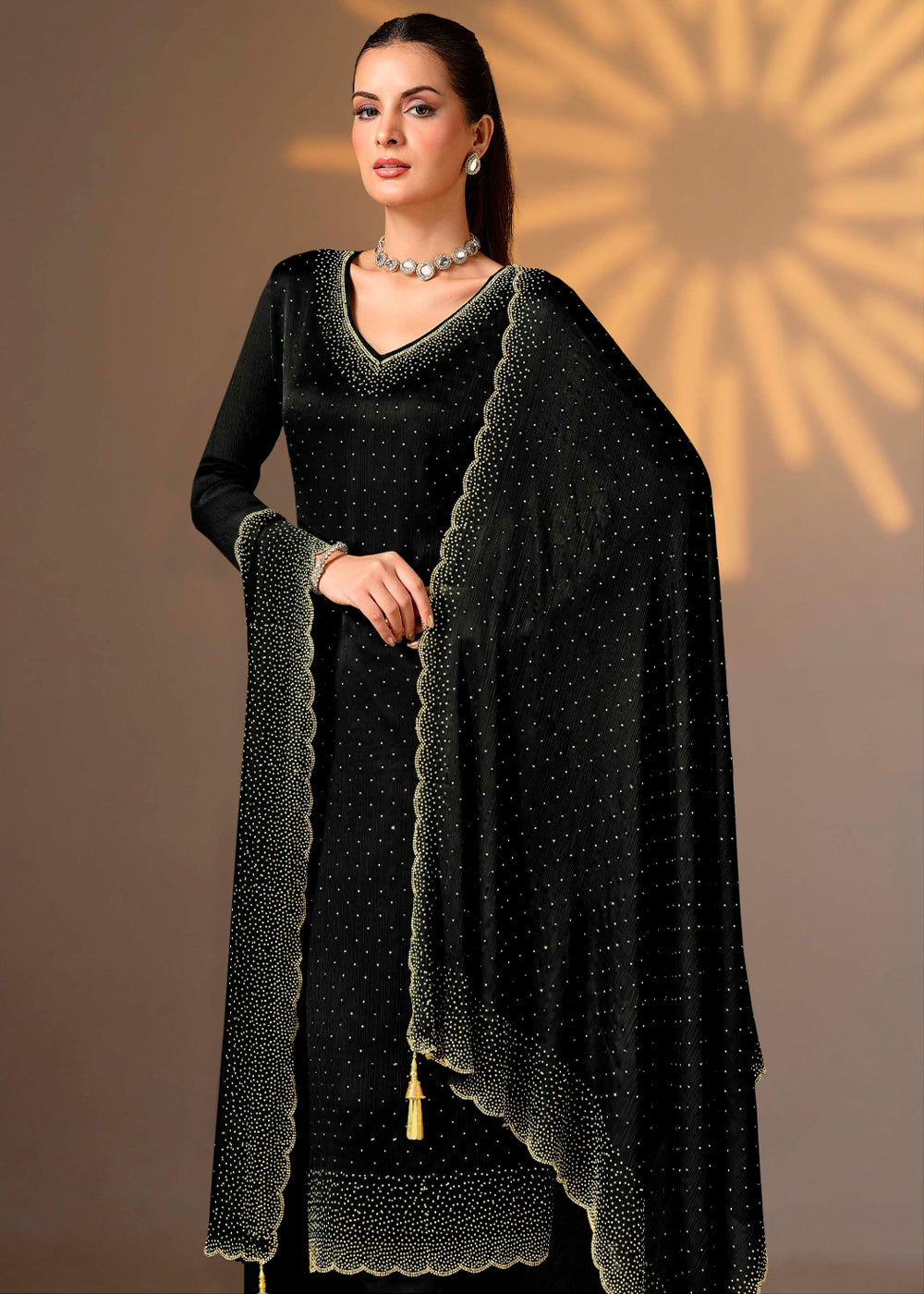 Midnight Black Chiffon Satin Unstitched Salwar Suit with Elegant Swarovski Embroidery